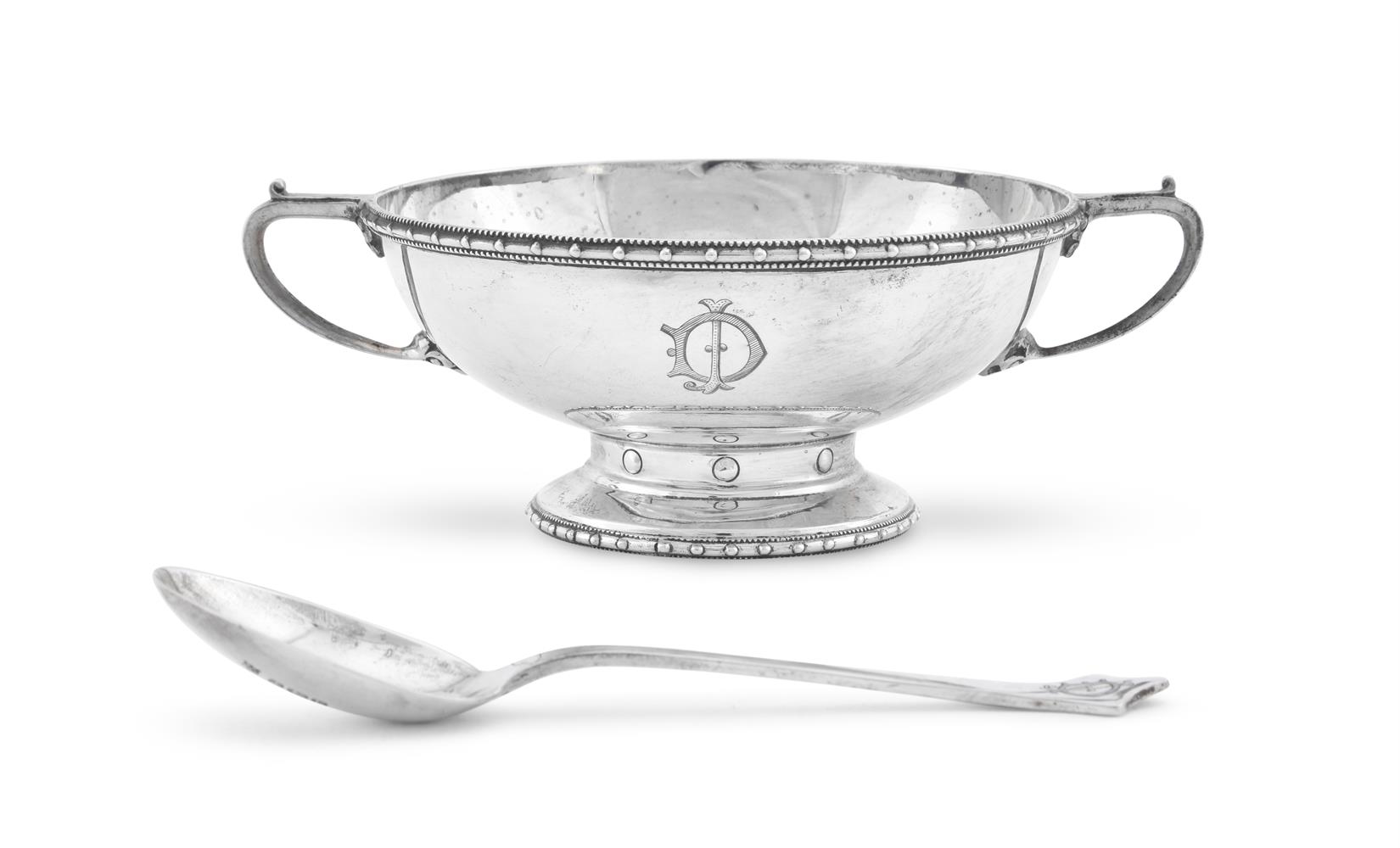 A SILVER TWIN HANDLED CHRISTENING BOWL AND SPOON, BARKER BROTHERS SILVER LTD - Image 2 of 3