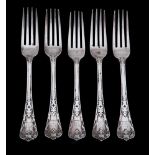 A SET OF FIVE VICTORIAN CUT CARD PATTERN TABLE FORKS, GEORGE ADAMS FOR CHAWNER & CO.