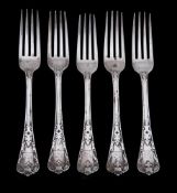 A SET OF FIVE VICTORIAN CUT CARD PATTERN TABLE FORKS, GEORGE ADAMS FOR CHAWNER & CO.