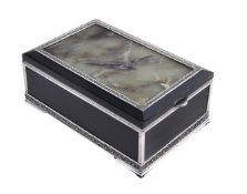 A CONTINENTAL SILVER MOUNTED ONYX AND GREEN HARDSTONE RECTANGULAR CASKET, STAMPED 2C6 and 875