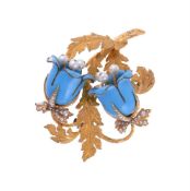 A MID 20TH CENTURY BLUE ENAMEL AND CULTURED PEARL FLOWER BROOCH