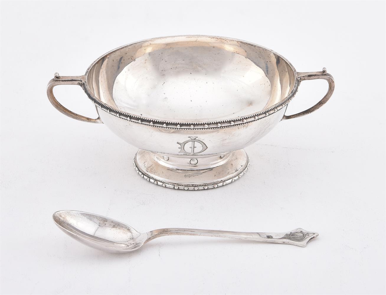 A SILVER TWIN HANDLED CHRISTENING BOWL AND SPOON, BARKER BROTHERS SILVER LTD - Image 3 of 3