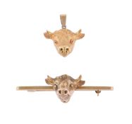 A BULL'S HEAD PENDANT AND BAR BROOCH