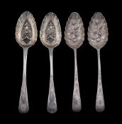 TWO PAIRS OF GEORGE III SILVER OLD ENGLISH PATTERN TABLE SPOONS