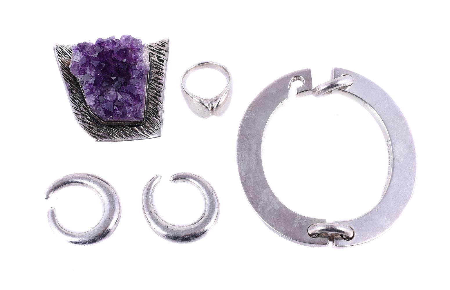 GEORG JENSEN, A SILVER COLOURED RING; AND OTHER SILVER COLOURED JEWELLEY