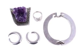 GEORG JENSEN, A SILVER COLOURED RING; AND OTHER SILVER COLOURED JEWELLEY