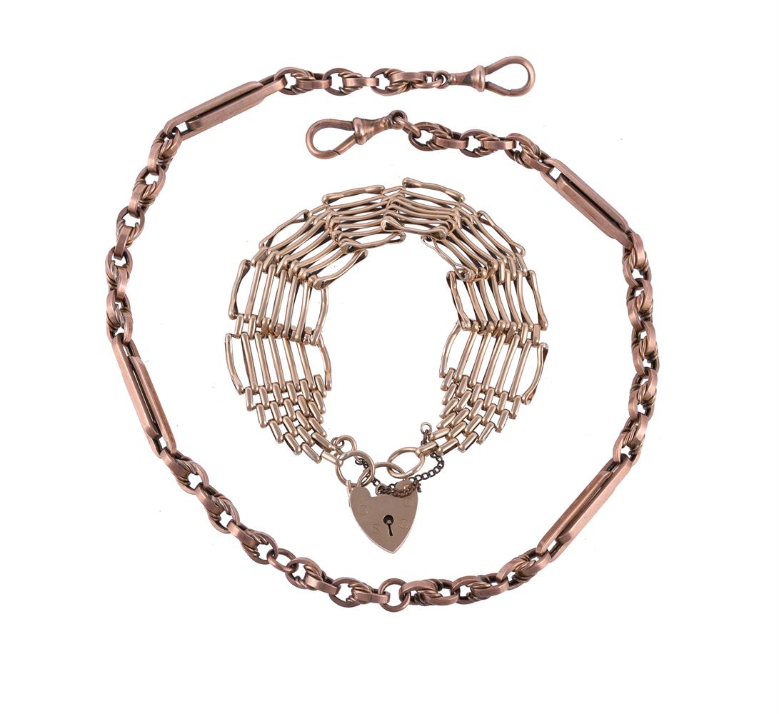 A GOLD ALBERT CHAIN AND A GATE LINK BRACELET