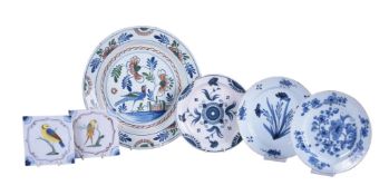 A selection of mostly English blue and white polychrome delft