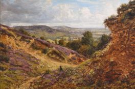 George William Mote (British 1832-1909), Sheep and dog in a heather landscape
