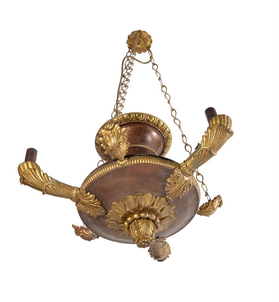 A gilt metal and coppered three branch ceiling light in Empire style - Image 2 of 2