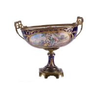 A large French pottery Sevres-style blue-ground navette-shaped centre bowl