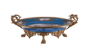 A Sevres-style turquoise-ground and gilt-metal mounted porcelain oval two-handled dish
