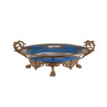 A Sevres-style turquoise-ground and gilt-metal mounted porcelain oval two-handled dish