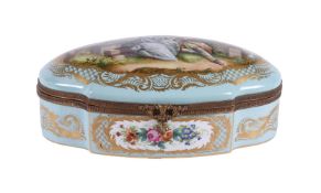 A Limoges porcelain Sevres-style turquoise-ground quatrefoil section box and hinged cover