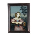 A reverse painted glass portrait of a forlorn lady