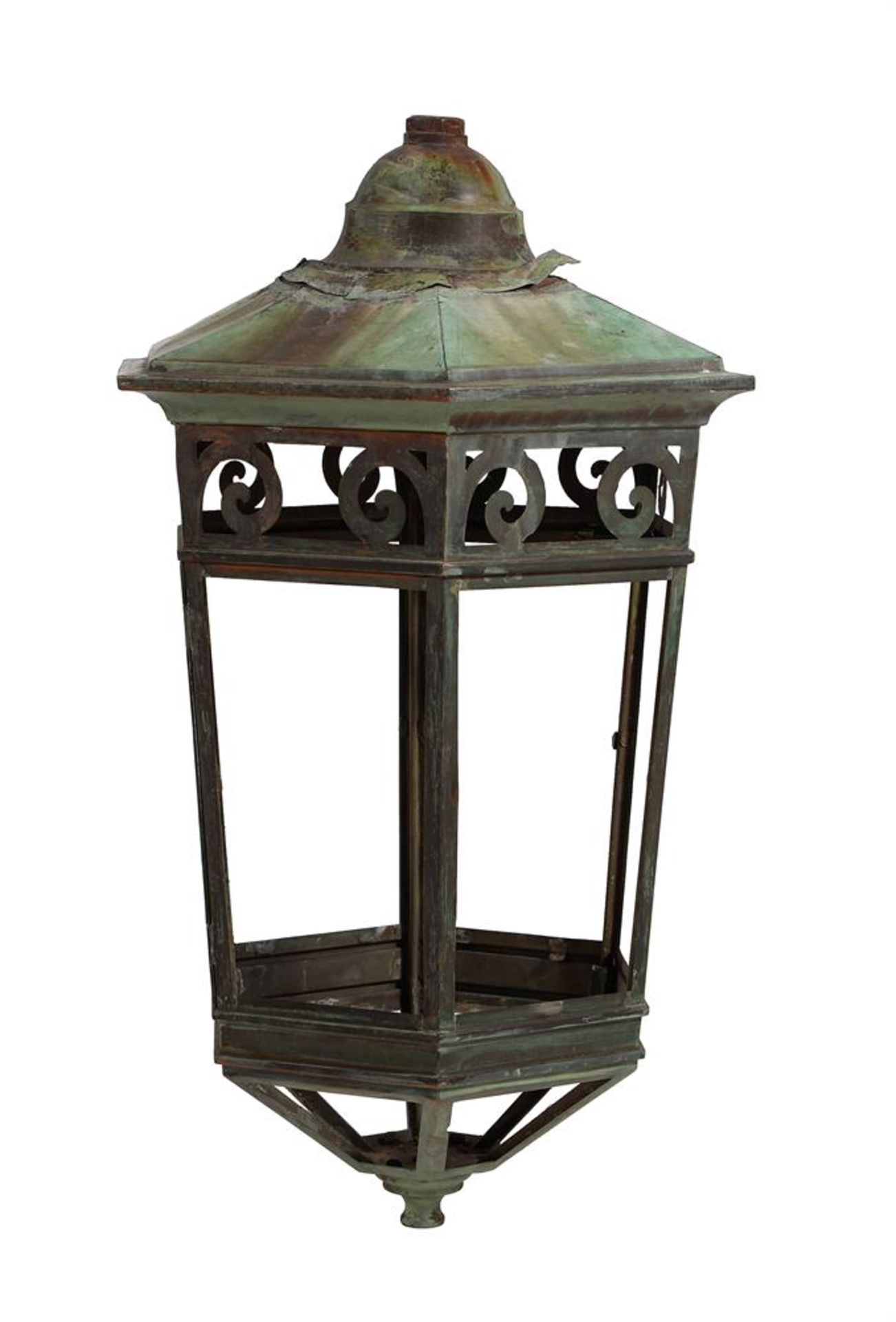 A coppered sheet brass hexagonal lantern