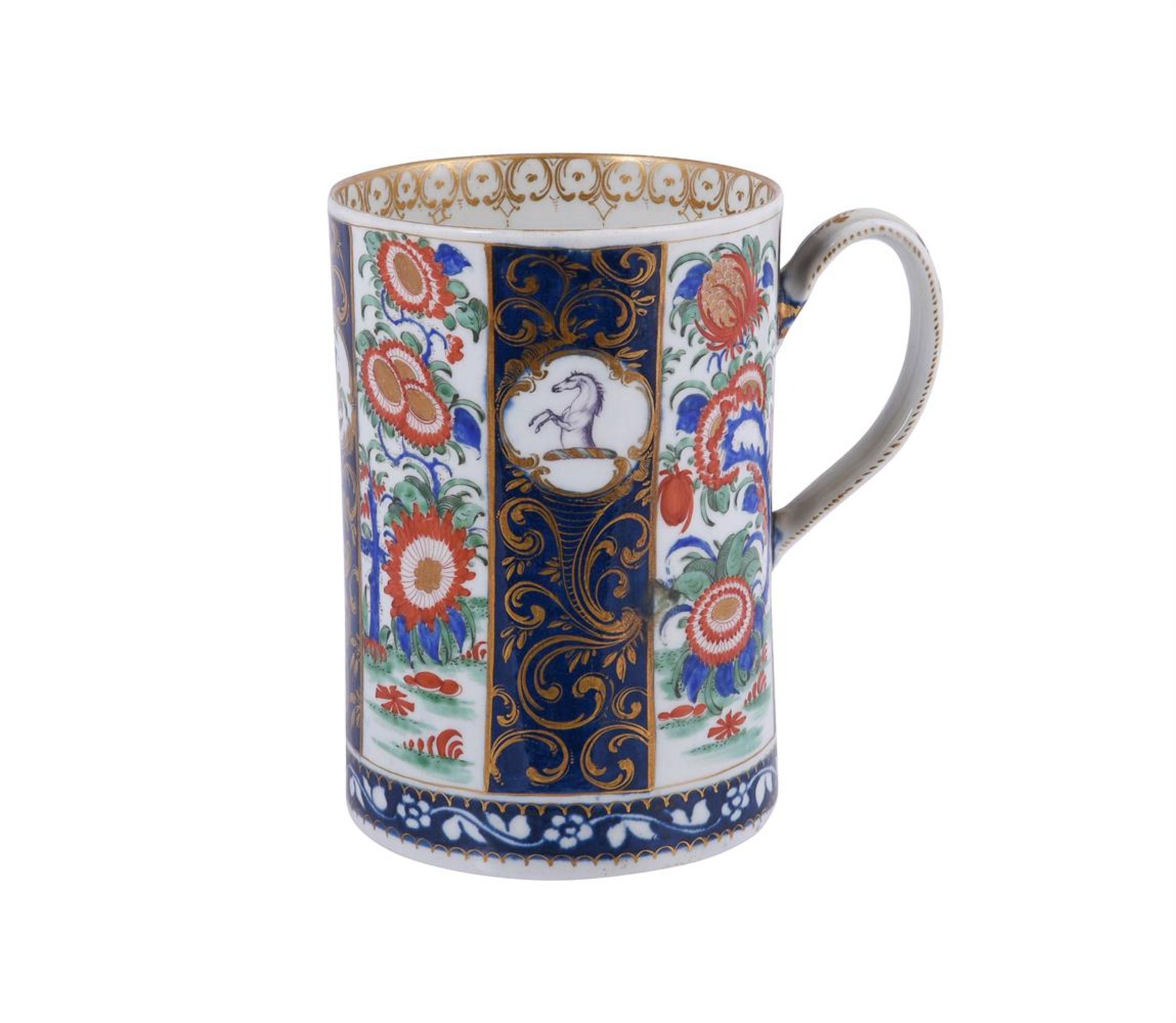 A Worcester 'Queen's' pattern 'Rich Kakiemon' cylindrical armorial mug from the Fry Service