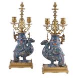 A pair of French cloisonné and ormolu table candelabra