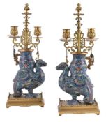 A pair of French cloisonné and ormolu table candelabra