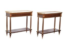 A pair of mahogany and brass inlaid console tables