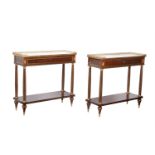 A pair of mahogany and brass inlaid console tables