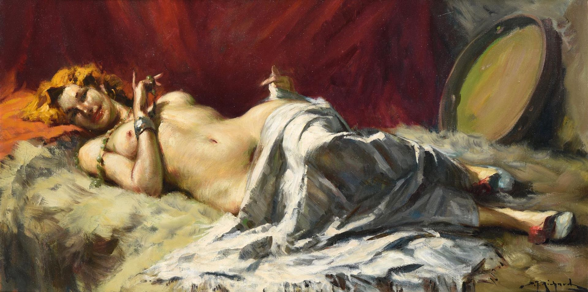 Continental School (20th/21st century), Reclining nude with tambourine