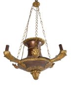 A gilt metal and coppered three branch ceiling light in Empire style