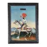 A reverse painted glass portrait of a gentleman on horseback