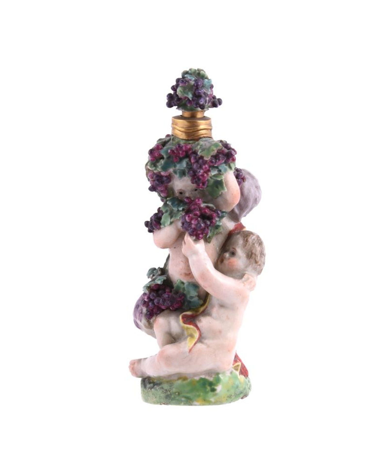 A Charles Gouyn St. James's factory type scent bottle and stopper of Bacchic putti with a faun