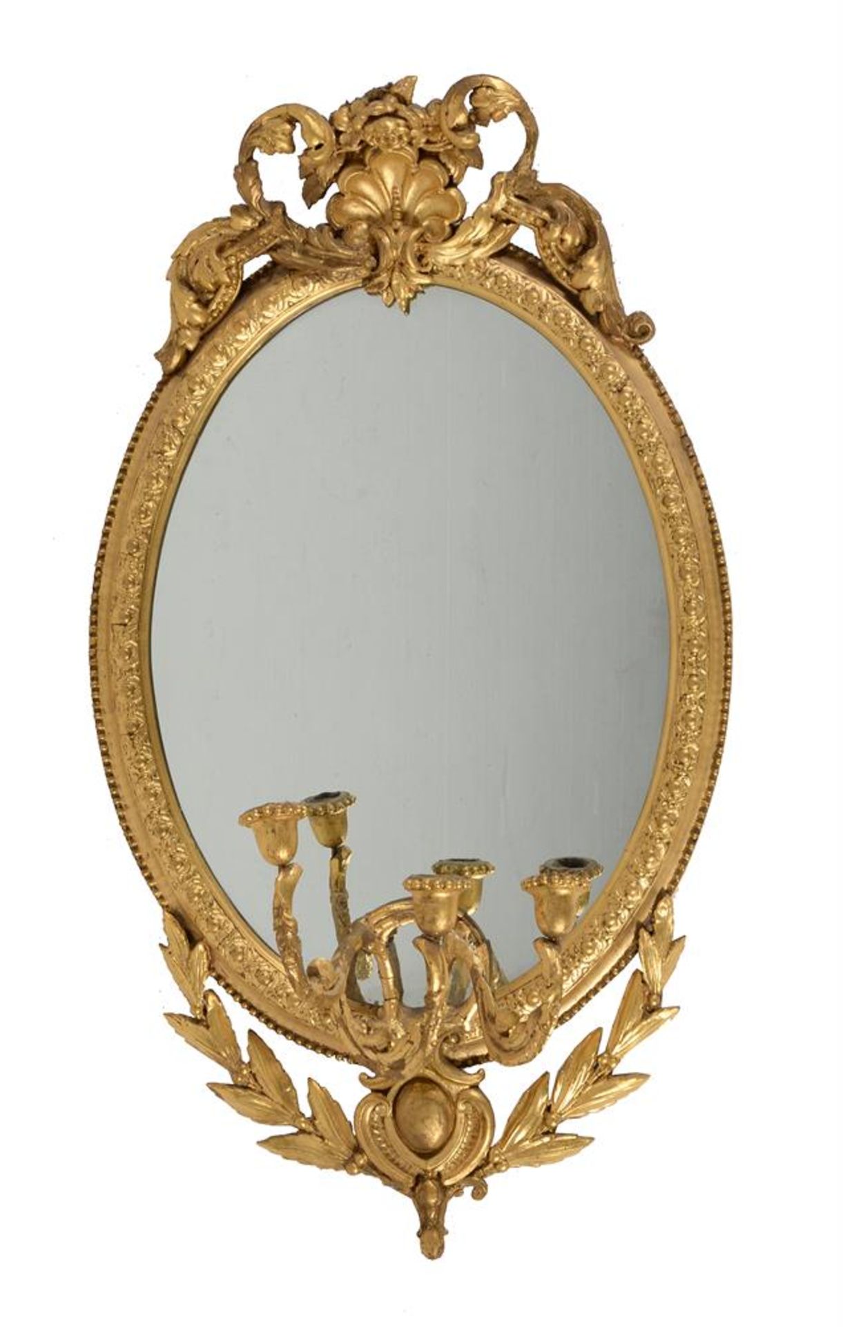 A pair of Victorian giltwood and composition girandole oval wall mirrors with three candle branches