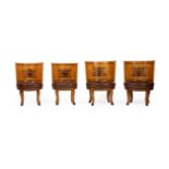 Two pairs of Russian Karelian birch and marquetry inlaid tub chairs