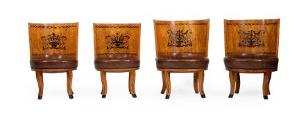 Two pairs of Russian Karelian birch and marquetry inlaid tub chairs