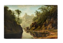 Follower of Patrick Nasmyth, An angler in a wooded river landscape with castle beyond