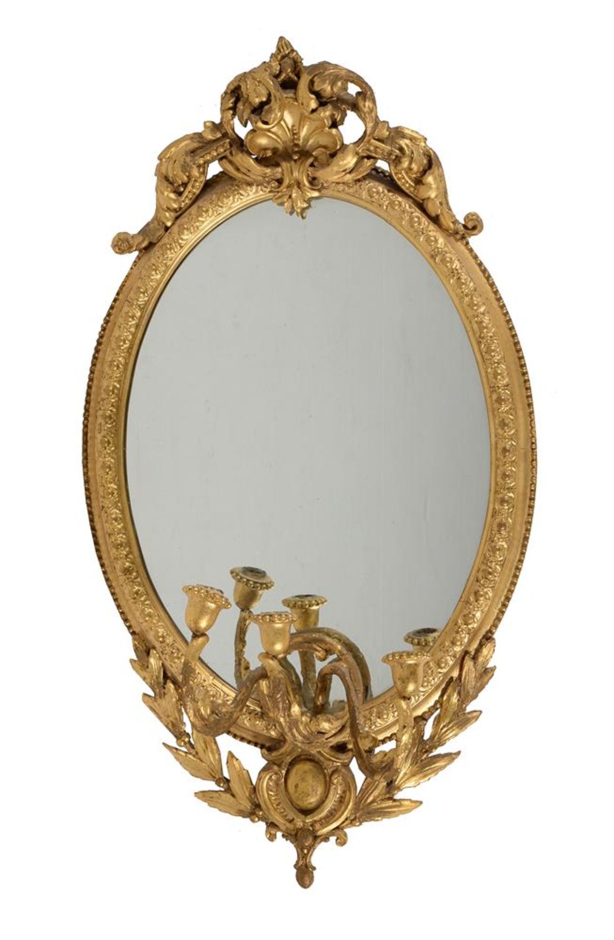 A pair of Victorian giltwood and composition girandole oval wall mirrors with three candle branches - Image 2 of 2