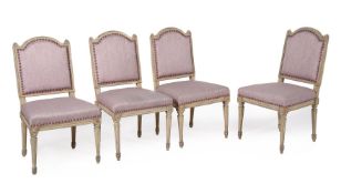 A set of four Louis XVI cream painted and lilac upholstered side chairs