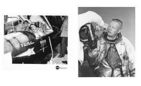 Diptych: views of Neil Armstrong in a cockpit of an X-plane and after a test flight; 1960-1962
