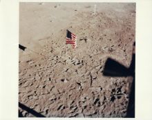 The first US flag surrounded by footprints seen from the Lunar Module, Apollo 11, 16-24 Jul 1969