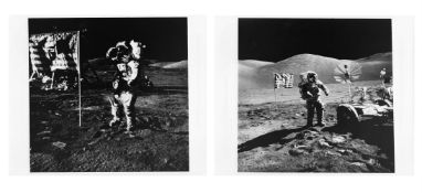 Two portraits of the last moonwalker with the US flag and the Rover, Apollo 17, 7-19 Dec 1972