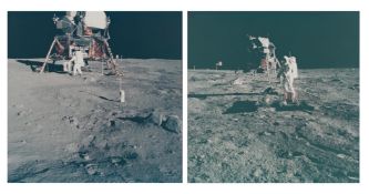 Buzz Aldrin deploys scientific experiments on the Moon (2 views), Apollo 11, 16-24 Jul 1969