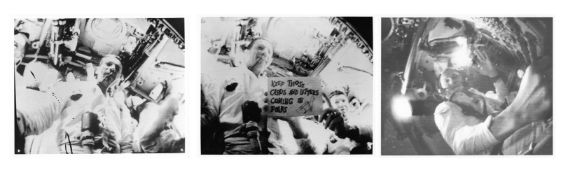 First live TV broadcast from outer space (3 views), Apollo 7, 11-22 Oct 1968