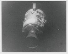 View of the damaged Service Module after jettison (black and white print), Apollo 13, 11-17 Apr 1970