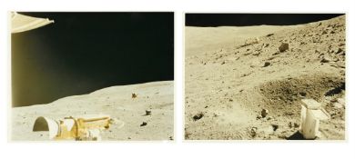 Two views of the Lunar Module and Lunar Rover at Descartes landing site, Apollo 16, 16-27 Apr 1971