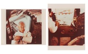 Diptych: Buzz Aldrin working inside the 'Eagle' during the outbound journey, Apollo 11, July 1969