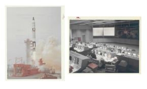 Two views of the lift off and Mission Control, Gemini 7, 4-18 Dec 1965