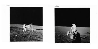 Diptych: Charles Conrad holds the US flag; Alan Bean deploys ALSEP, Apollo 12, 14-24 Nov 1969