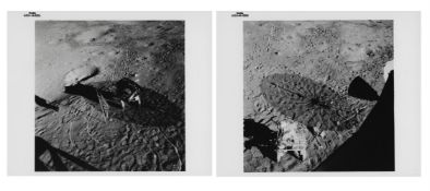 Flag, footprints and lunar equipment - two views from the 'Antares', Apollo 14, 31 Jan-9 Feb 1971
