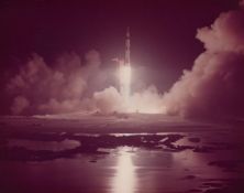 Dramatic view of the last lift-off to the Moon [large format], Apollo 17, -19 Dec 1972