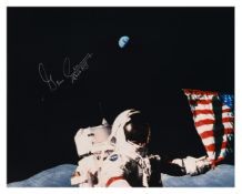 Gene Cernan with the last lunar flag and Earth behind, SIGNED [large format], Apollo 17, 7-19 Dec 19