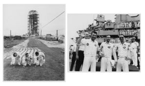 The first manned Apollo flight, pre-launch and recovery views of the crew, Apollo 7, 11-22 Oct 1968
