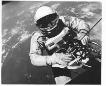 Ed White floats in zero gravity during the first U.S. EVA (2 b&w views), Gemini 4, 3-7 Jun1962